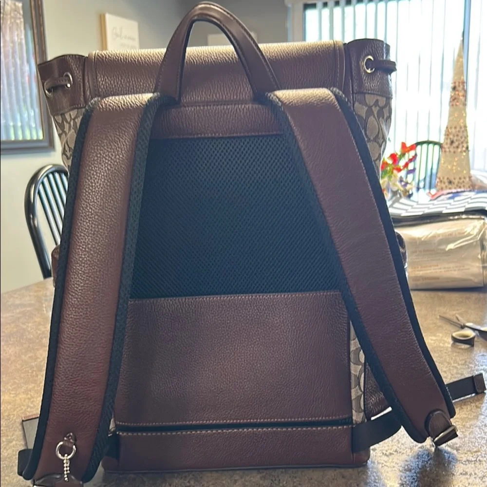 Coach Brown Signature Canvas & Leather Top-Load Backpack. 19” tall 15”wide